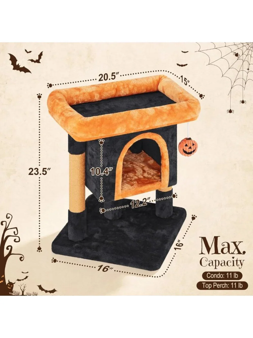 Halloween Cat Tree for Cats - Black & Pumpkin Orange Small Cat Tower, Fun & Cozy